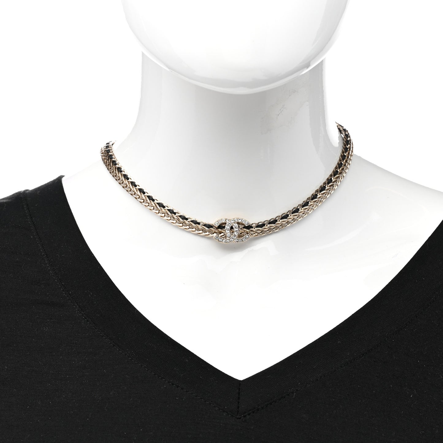 Metal Lambskin Crystal Chain CC Necklace Black Gold