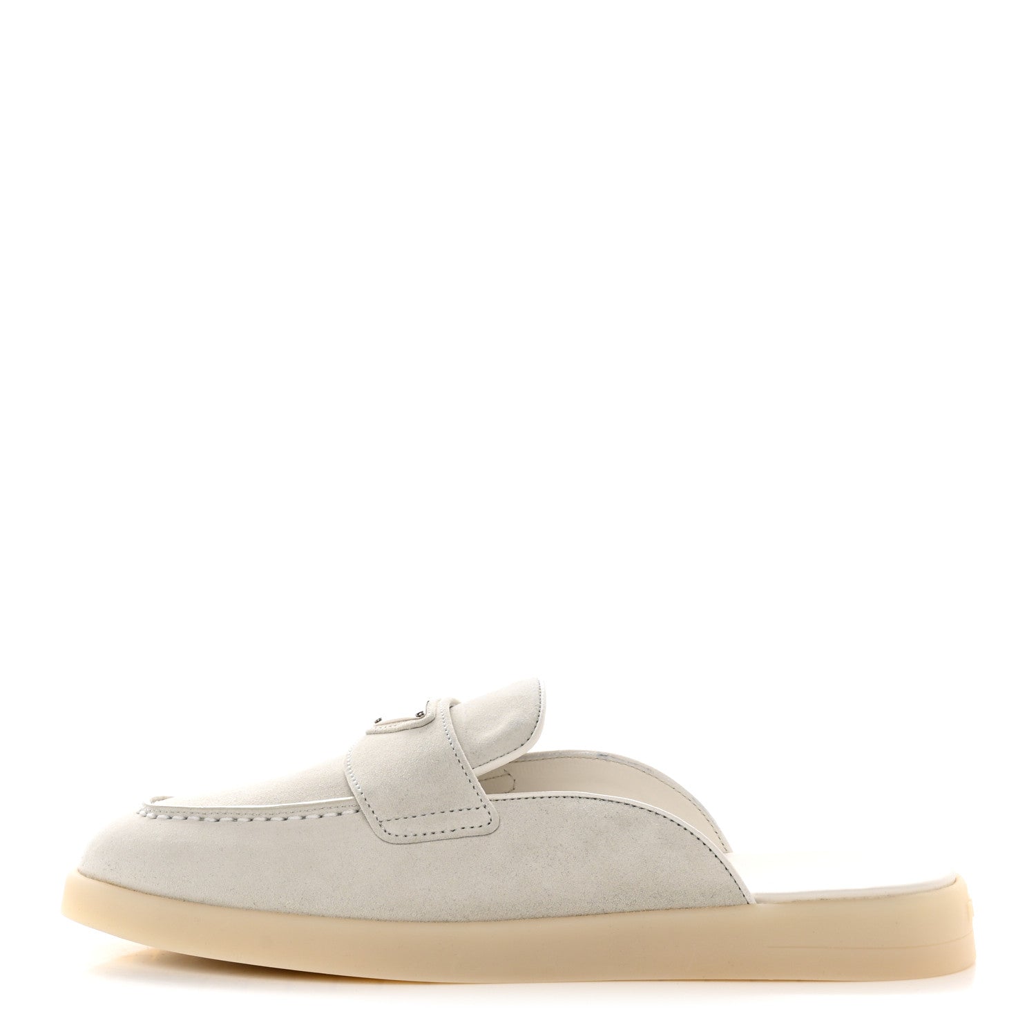 Prada Suede Metal Triangle Logo Saint Tropez 25mm Loafer Mules 38 Talco 1 of 11