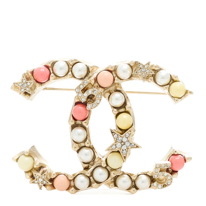 Chanel Crystal Pearl Resin CC Star No 5 Brooch Gold White Pink 1 of 4
