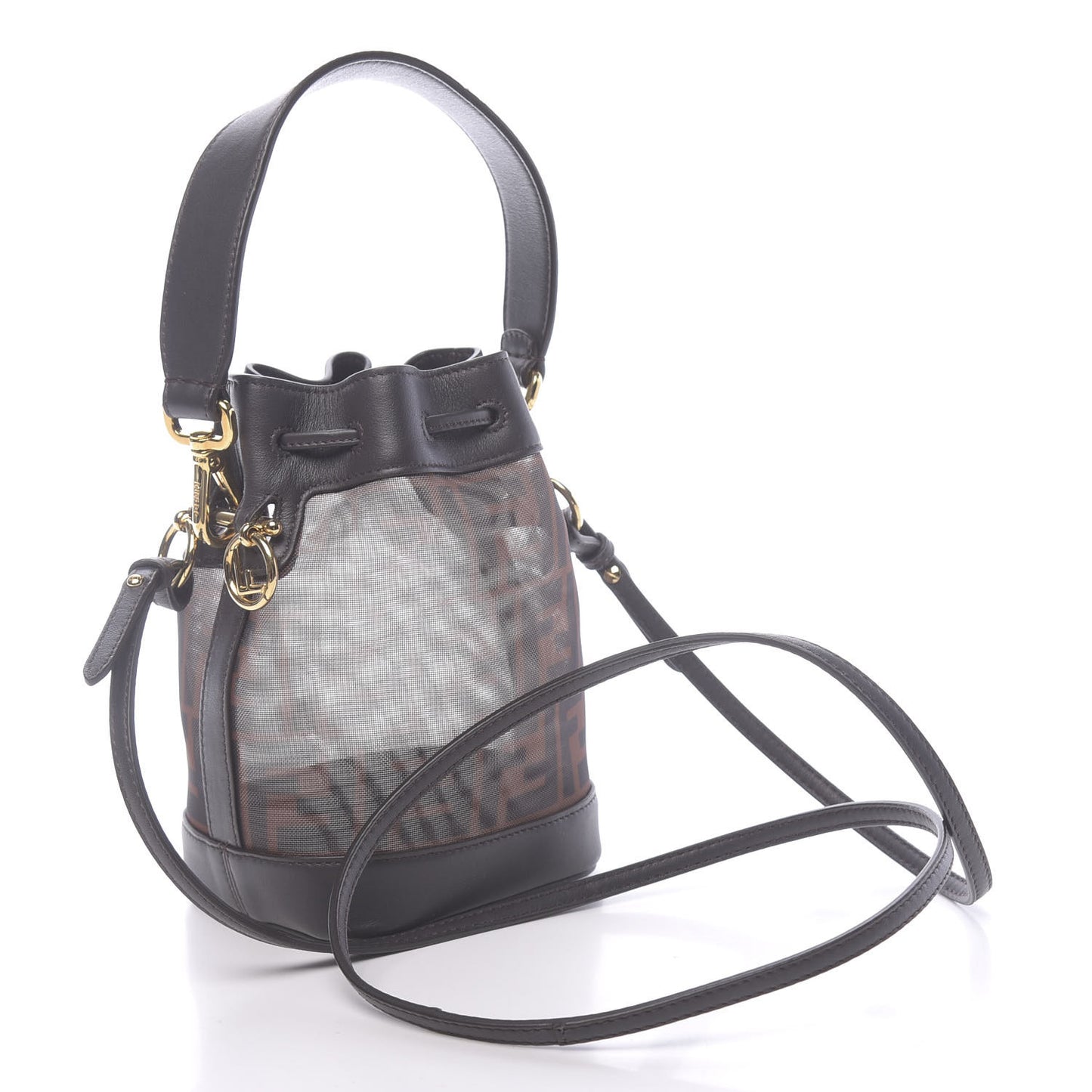 Mesh Vitello Grace F is Fendi FF 1974 Mini Mon Tresor Bucket Bag Marrone Black Ebano