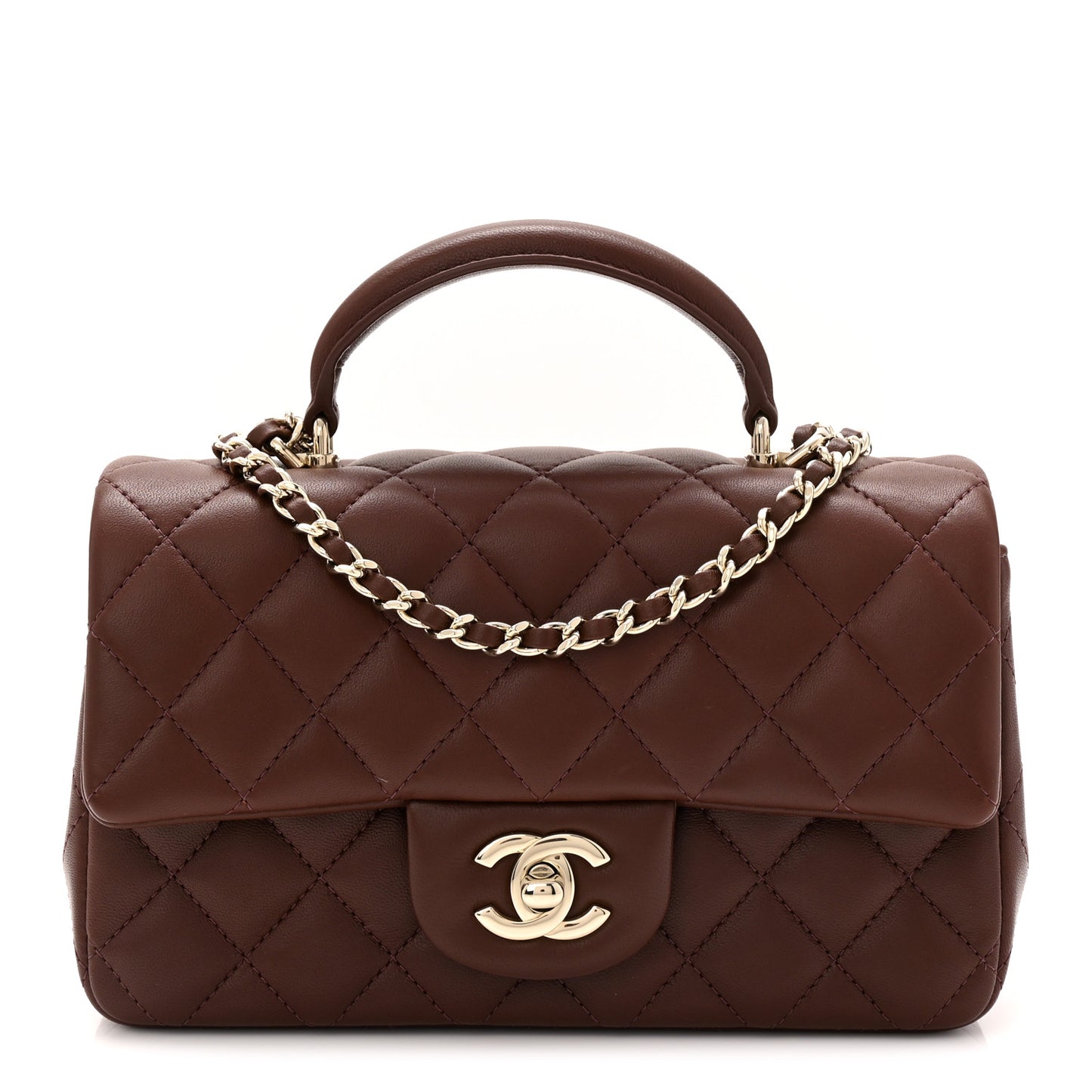 Lambskin Quilted Mini Top Handle Rectangular Flap Dark Brown
