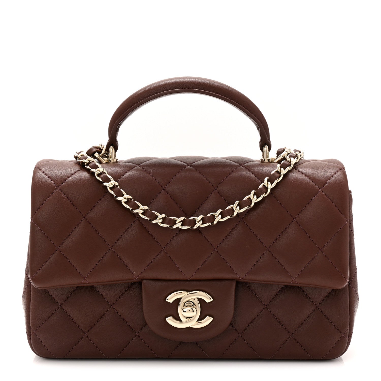 Chanel Lambskin Quilted Mini Top Handle Rectangular Flap Dark Brown 1 of 11