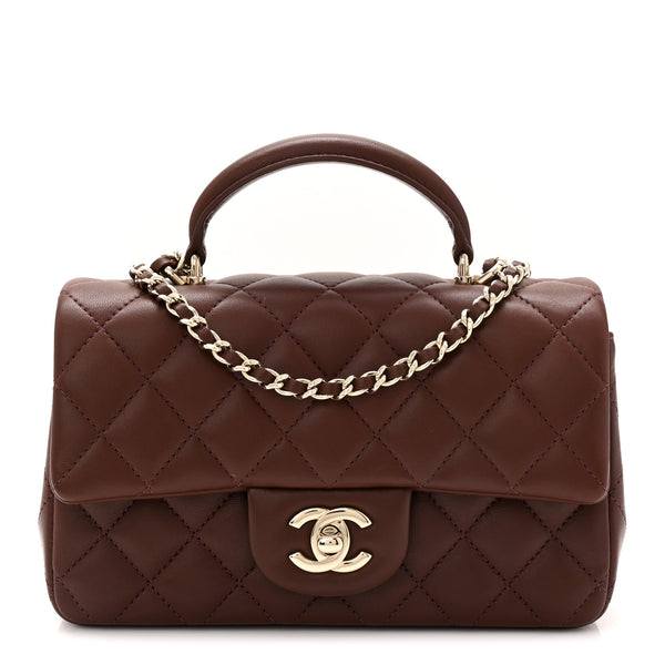 CHANEL 山羊革のキルティンググローブ ダークブラウン Chanel Lambskin Quilted Mini Top Handle Rectangular Flap Dark