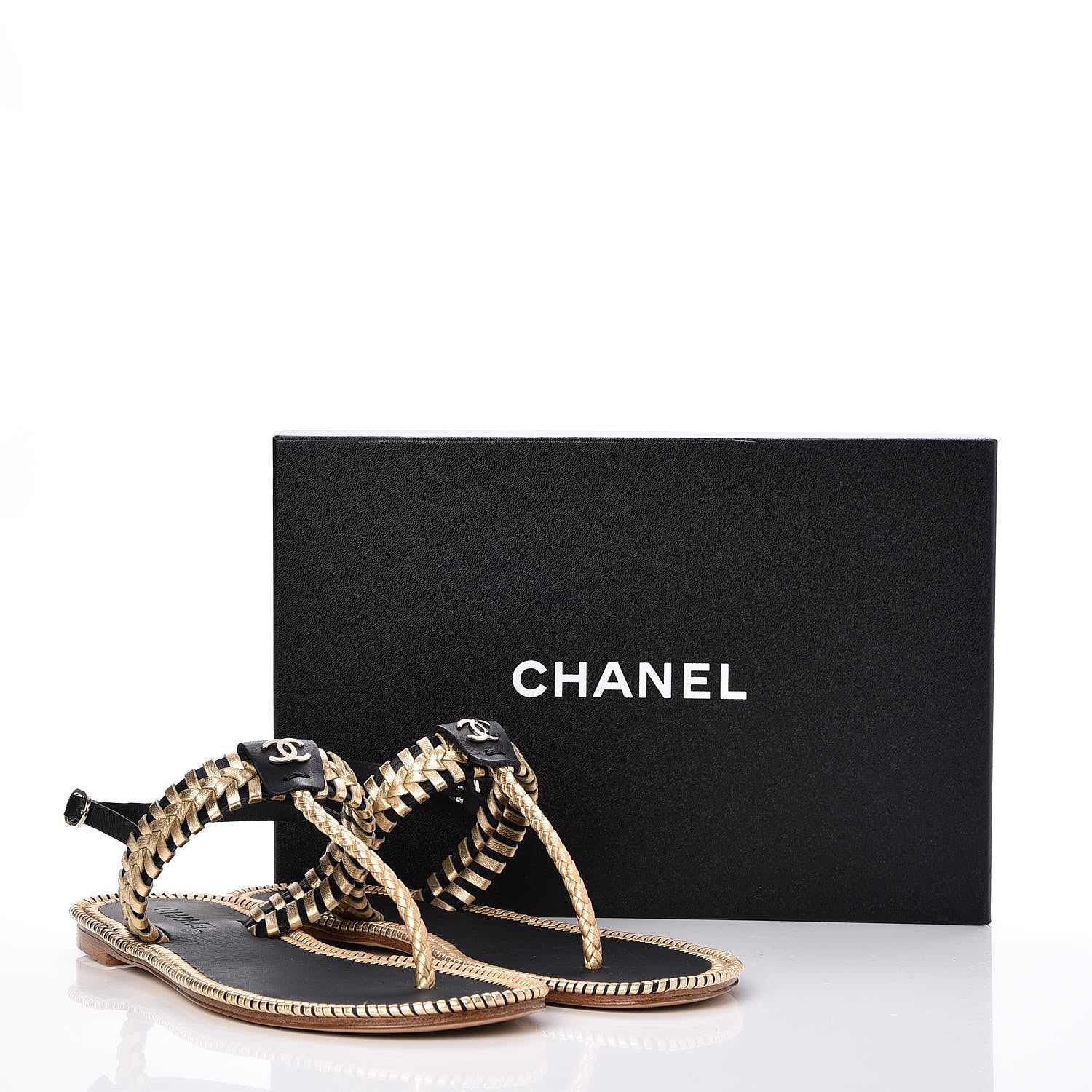 Chanel Metallic Lambskin Calfskin Braided Thong Sandals 40.5 Black Gold 8 of 8