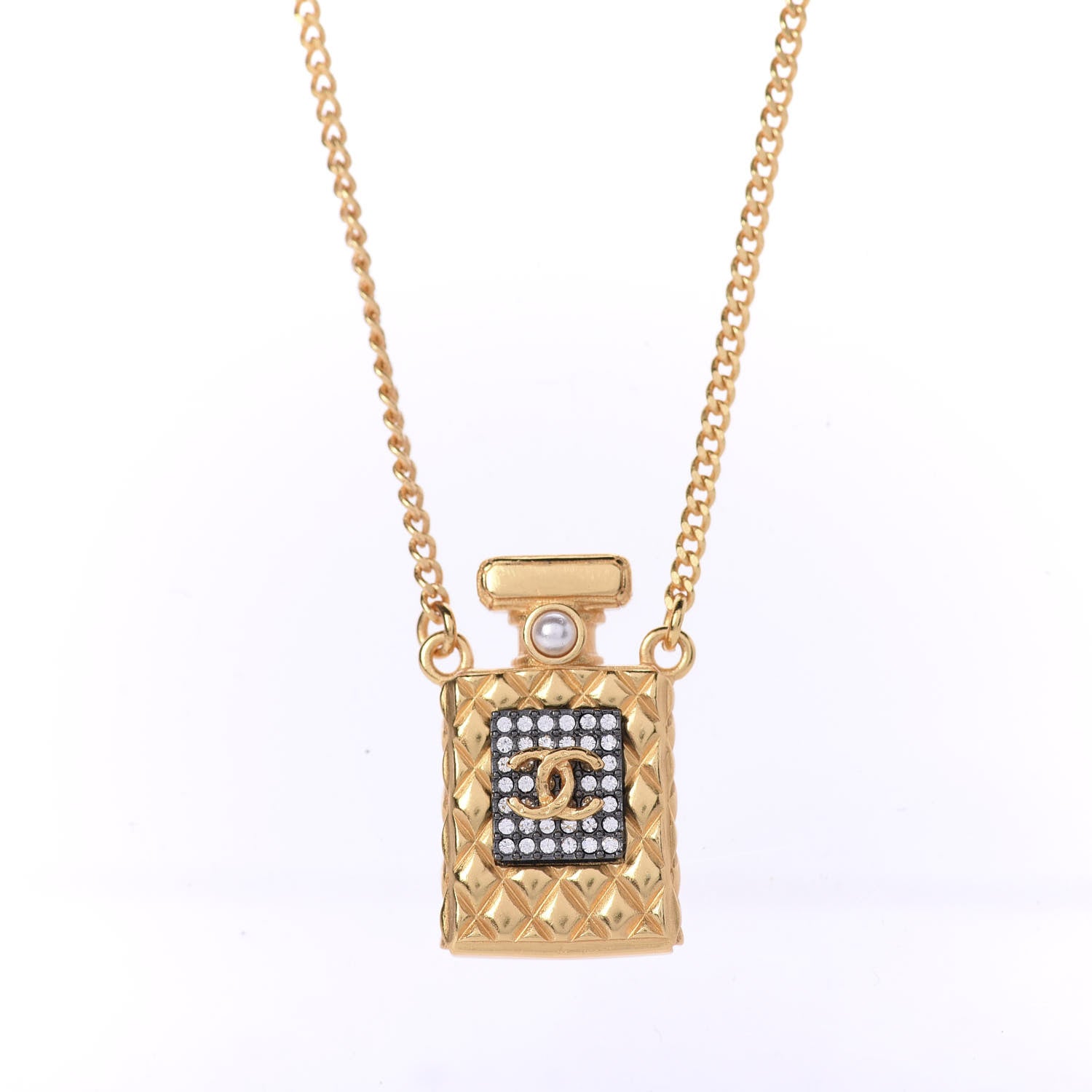 Chanel Crystal Pearl Perfume Bottle CC Necklace Black Gold 3 of 6