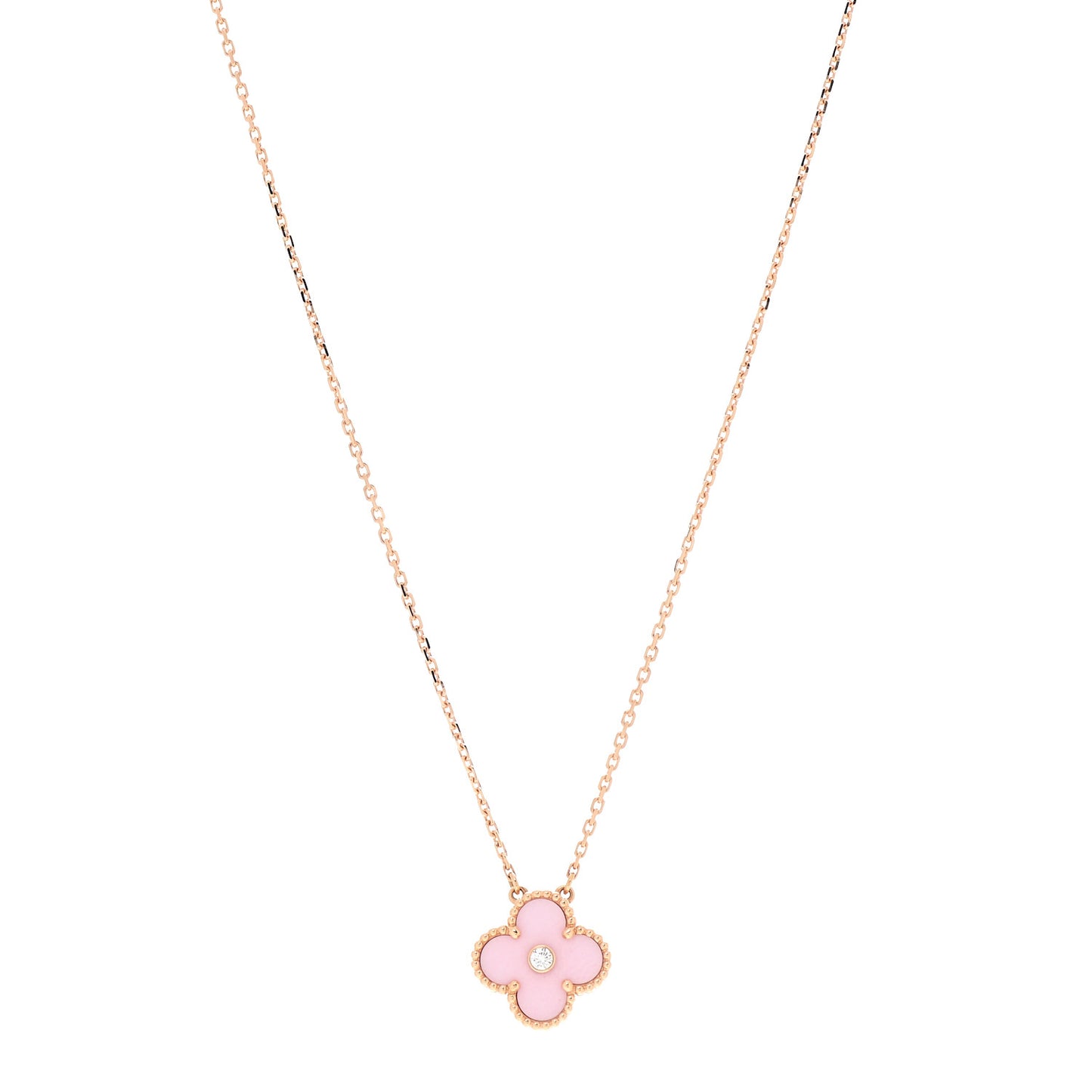 18K Rose Gold Diamond Pink Porcelain Vintage Alhambra Pendant Necklace