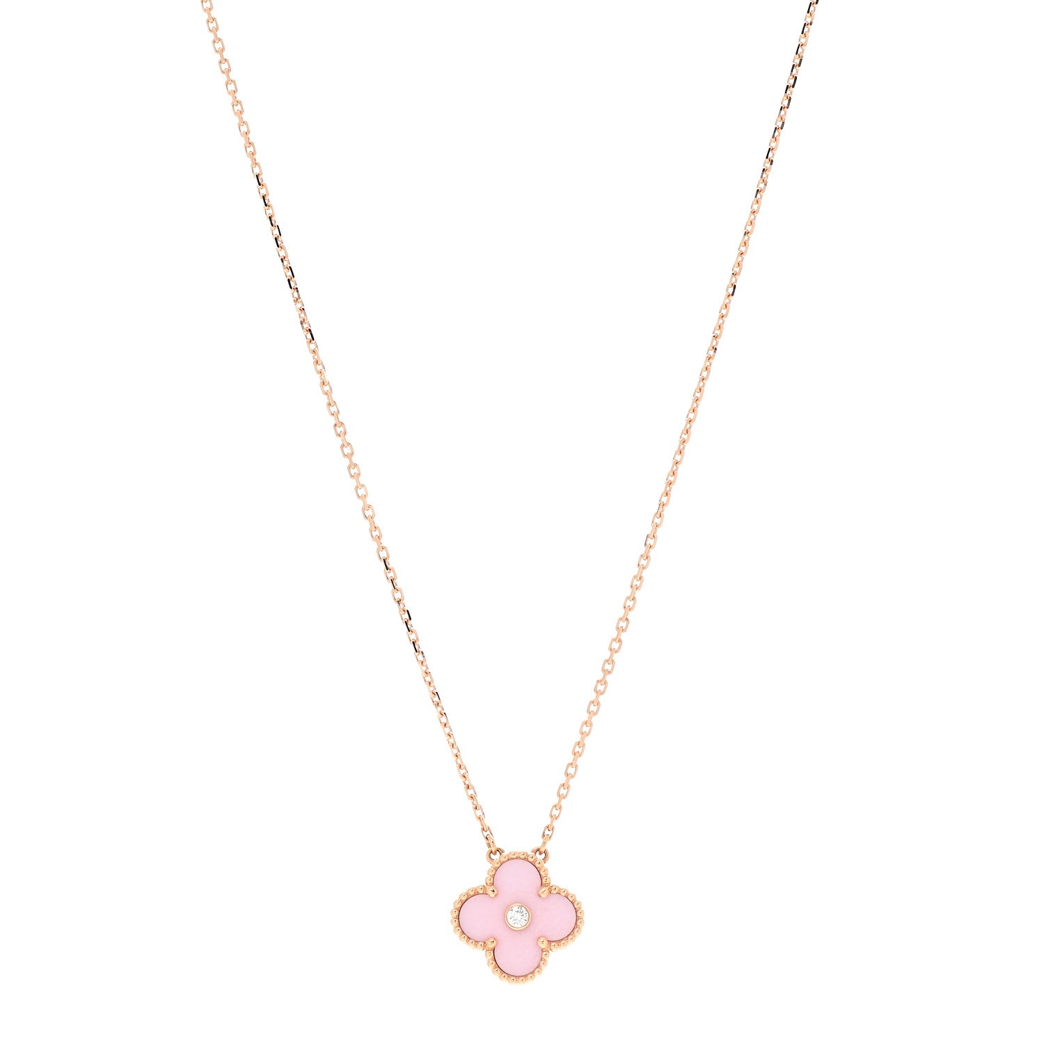 Van Cleef & Arpels 18K Rose Gold Diamond Pink Porcelain Vintage Alhambra Pendant Necklace 1 of 7