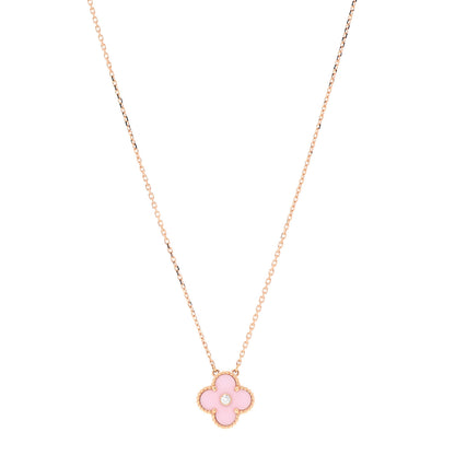 Van Cleef & Arpels 18K Rose Gold Diamond Pink Porcelain Vintage Alhambra Pendant Necklace 1 of 7