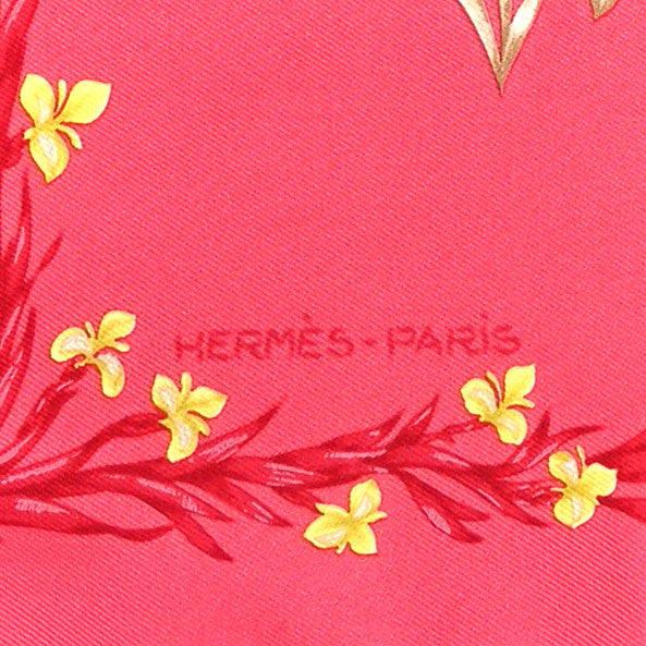 Silk Gavroche Twill Mousseline Cheval Fleuri Scarf 45 Framboise Sable Soleil
