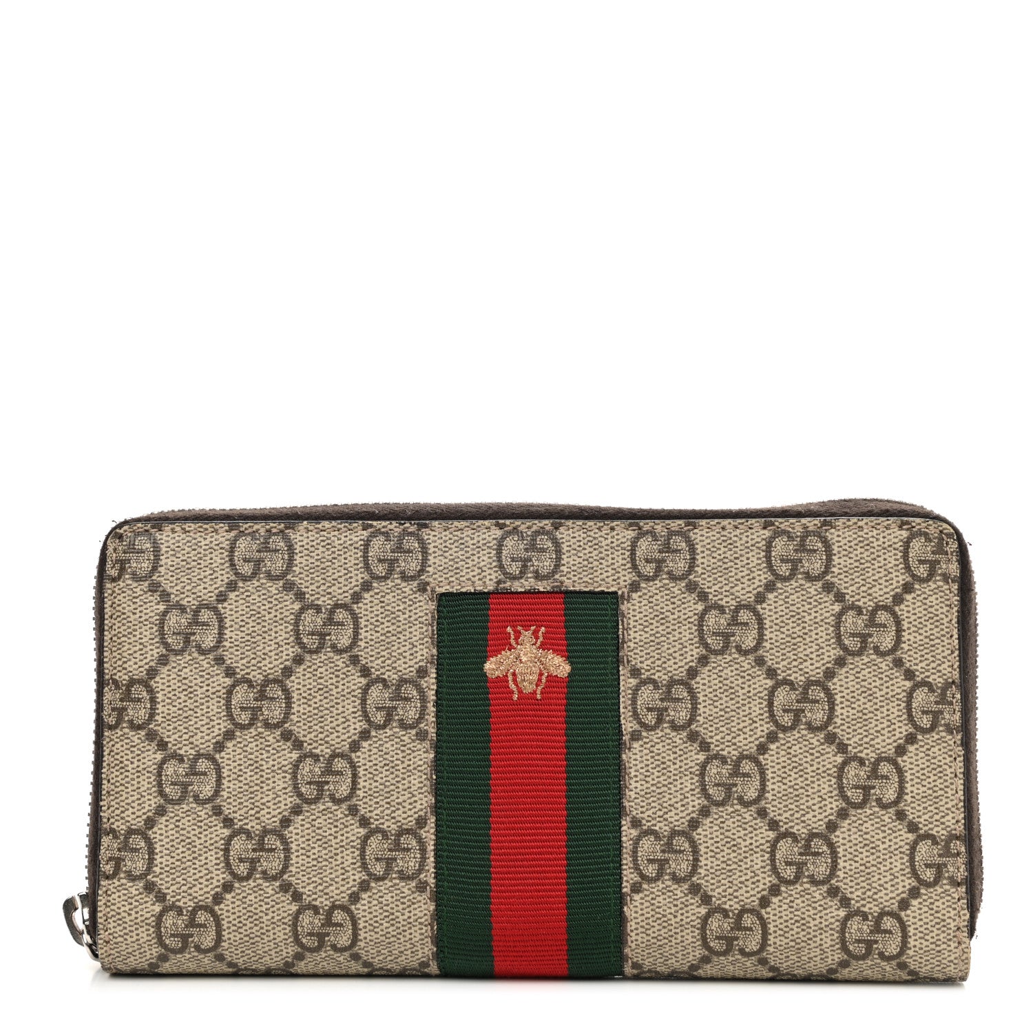 Gucci GG Supreme Monogram Web Bee Zip Around Wallet Beige Cocoa 1 of 12