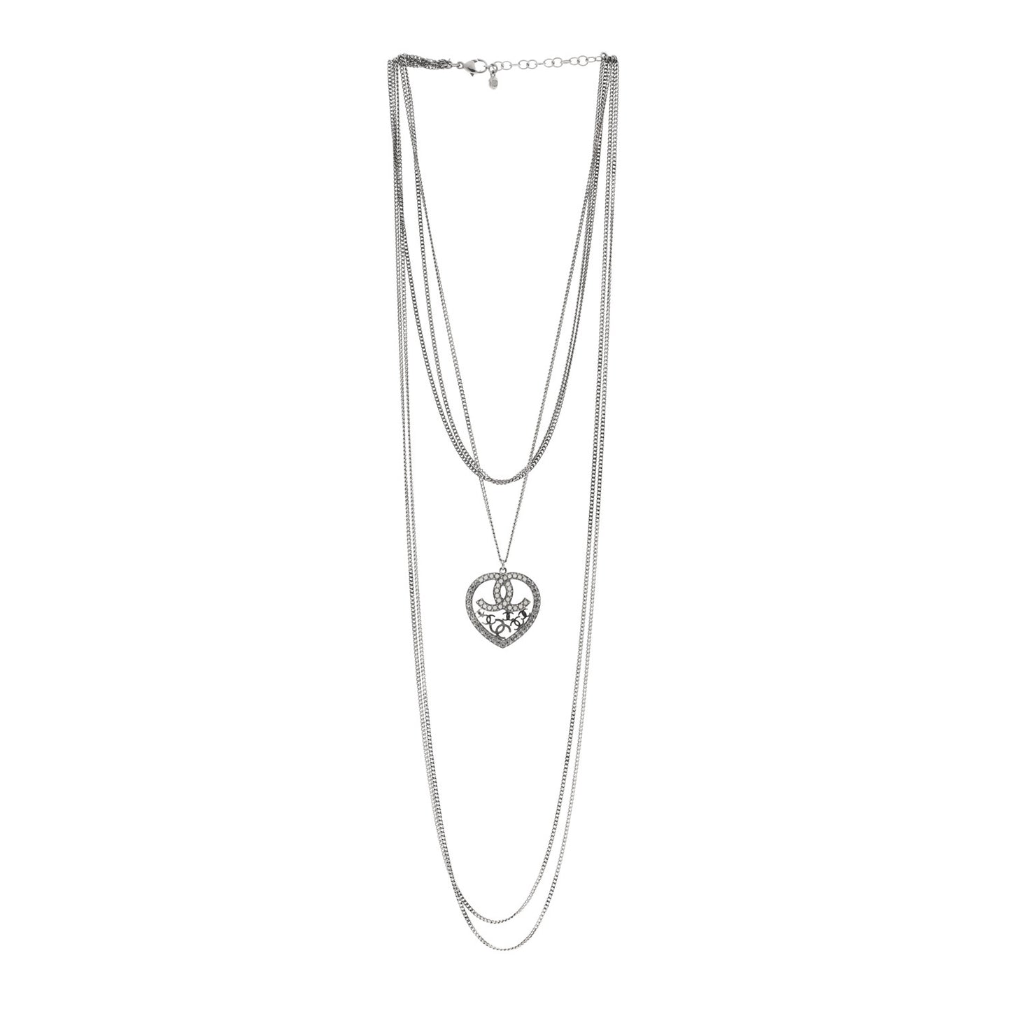 Crystal Heart CC Multi Strand Chain Necklace Silver
