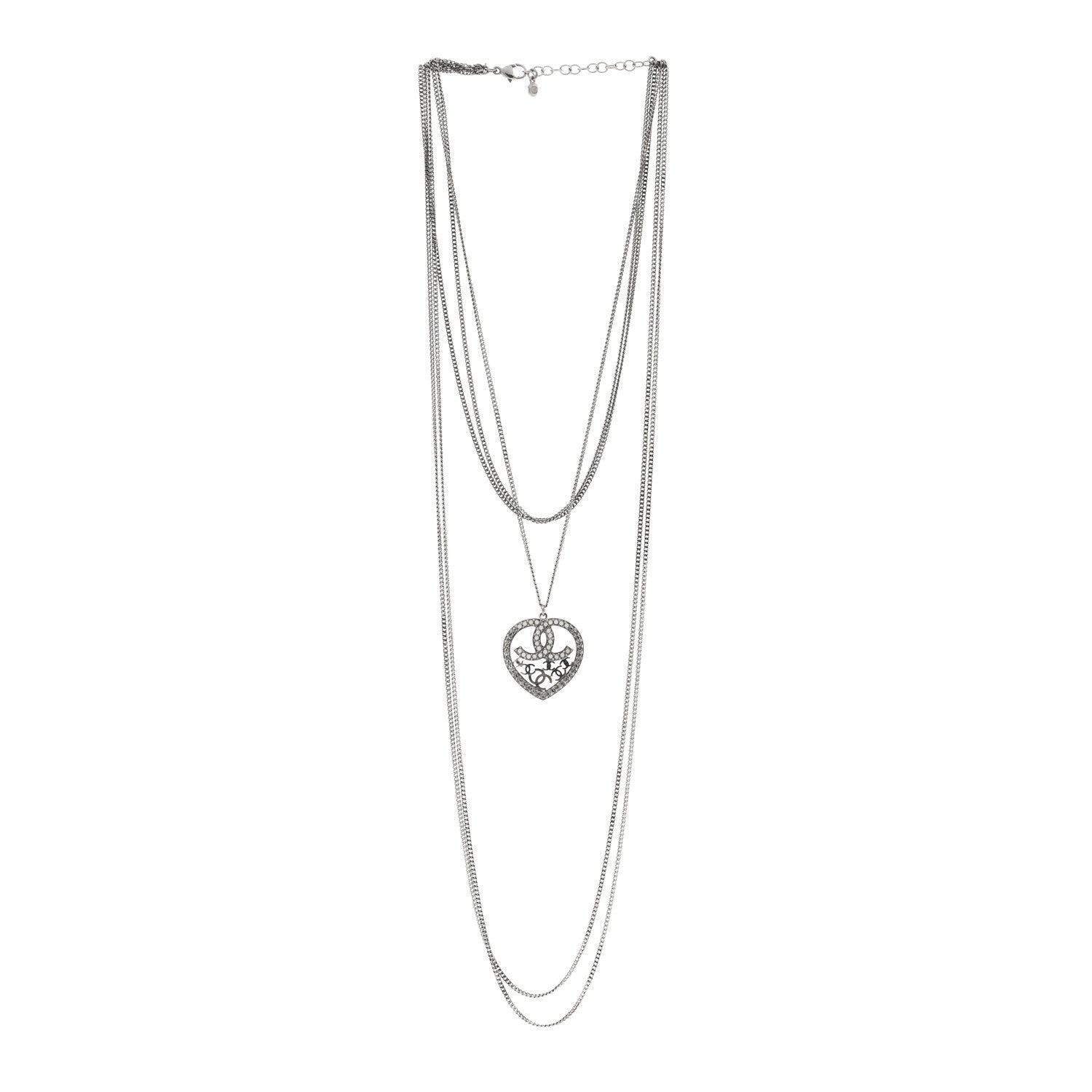 Chanel Crystal Heart CC Multi Strand Chain Necklace Silver 3 of 6