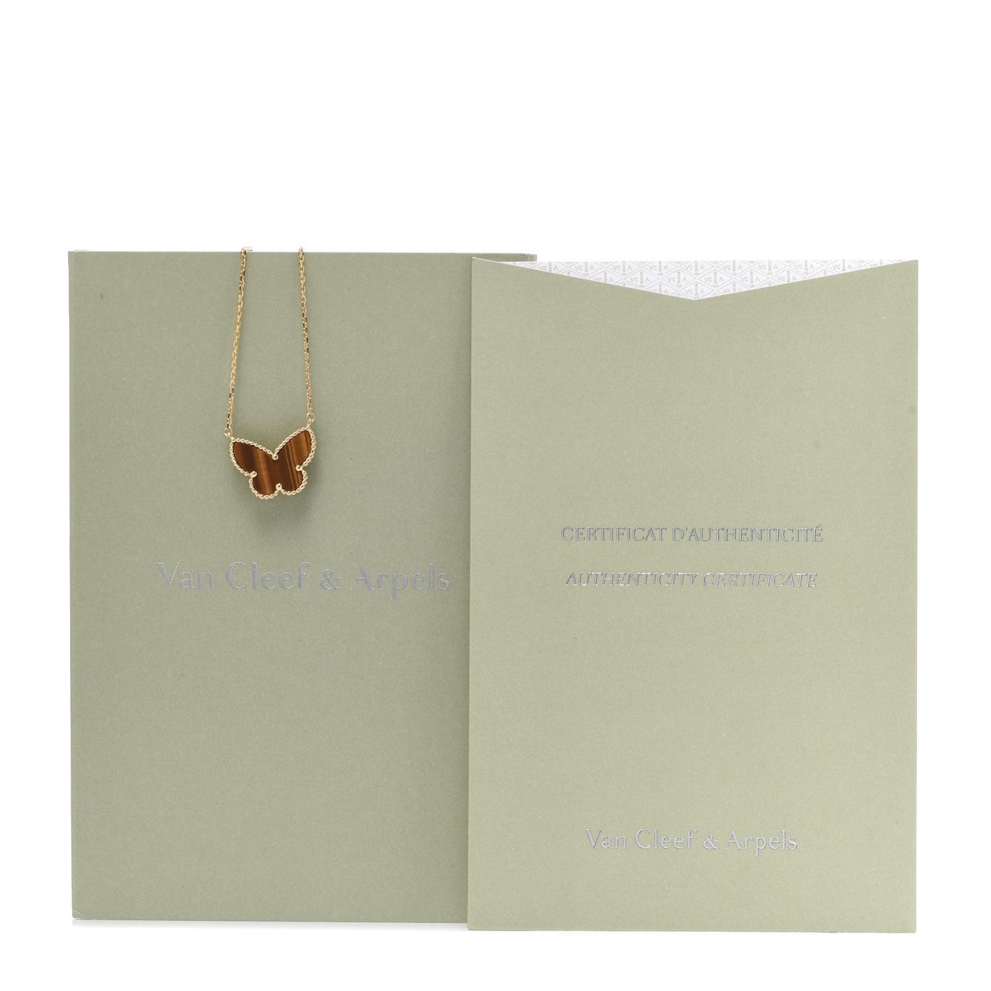 18K Yellow Gold Tiger Eye Lucky Alhambra Butterfly Pendant Necklace