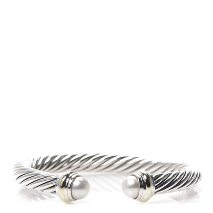 David Yurman Sterling Silver 14K Yellow Gold Pearl 7mm Cable Classics Bracelet 1 of 4