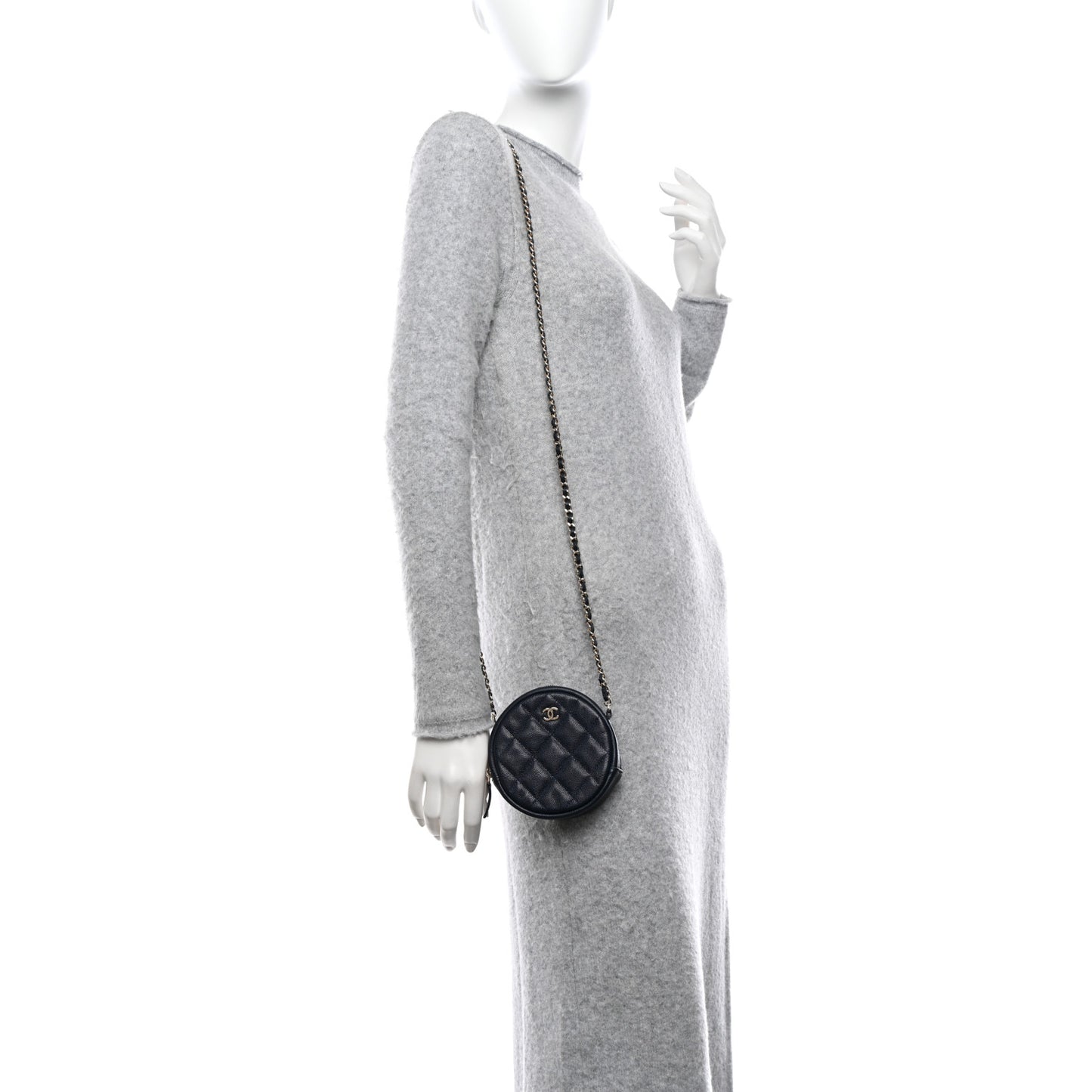 Caviar Quilted Round Clutch With Chain Navy