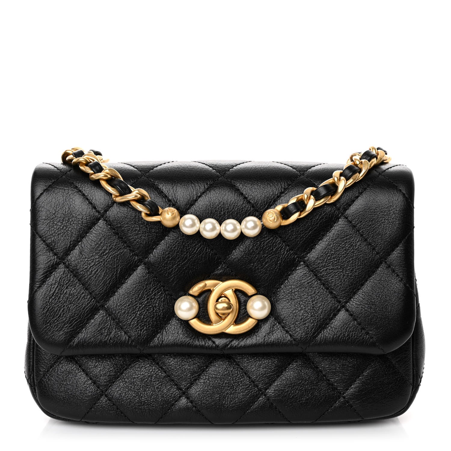 Chanel Glazed Calfskin Quilted Mini Pearl Side Flap Black 1 of 12