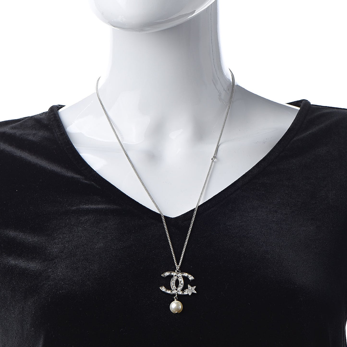 Crystal CC Star Pearl Drop Necklace Silver