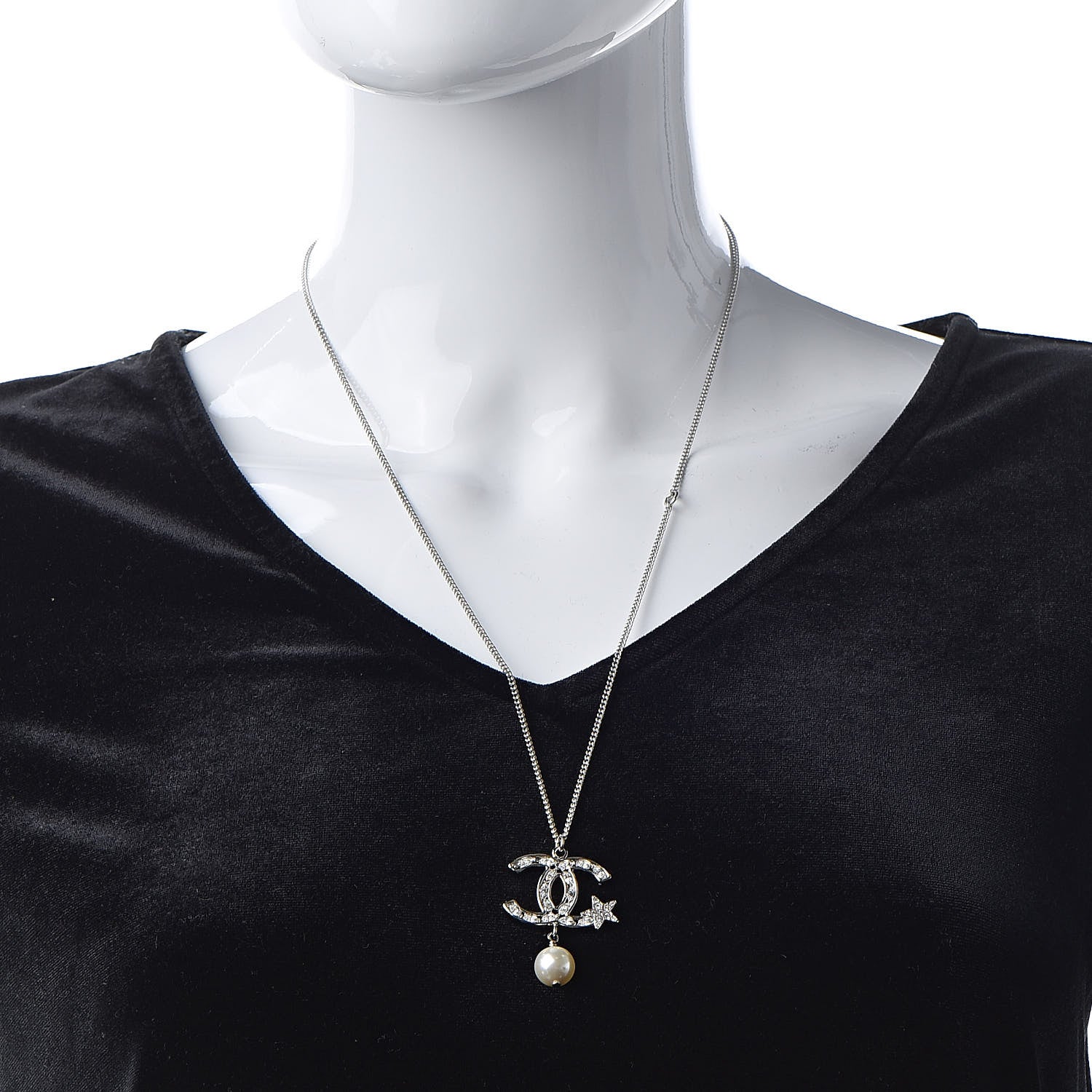 Chanel Crystal CC Star Pearl Drop Necklace Silver 2 of 6