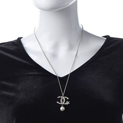 Chanel Crystal CC Star Pearl Drop Necklace Silver 2 of 6
