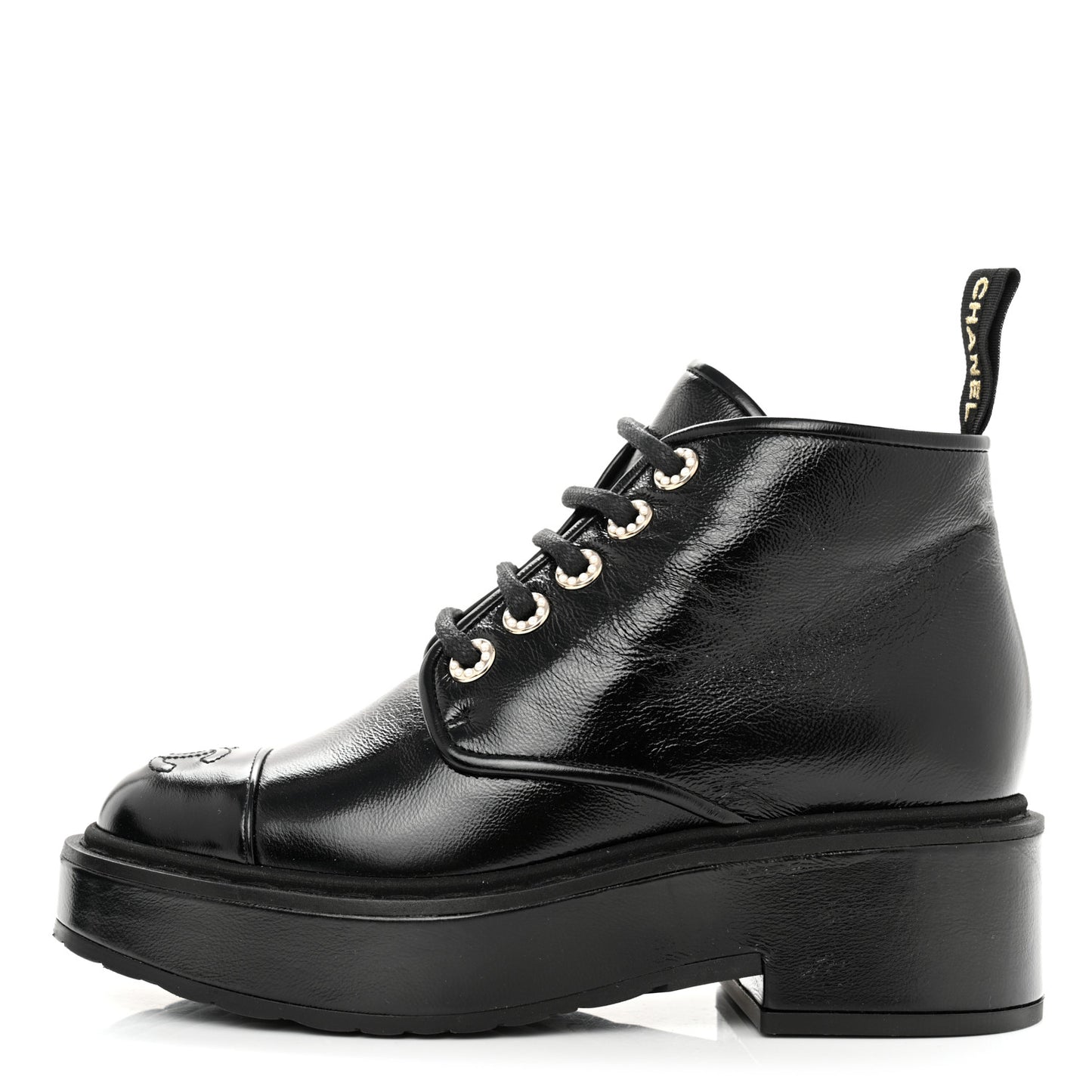 Shiny Calfskin Pearl Lace Up Combat Short Boots 35 Black