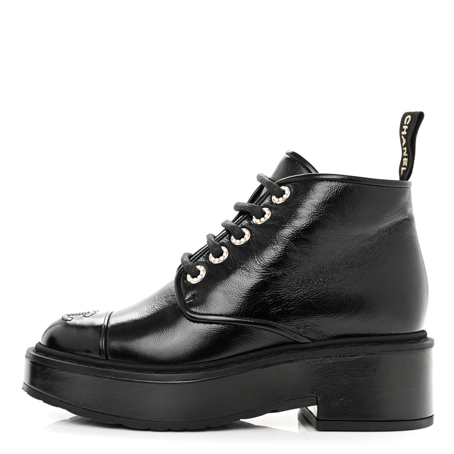 Chanel Shiny Calfskin Pearl Lace Up Combat Short Boots 35 Black 1 of 11