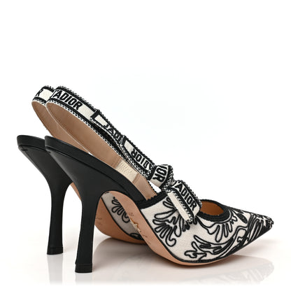 Christian Dior Canvas Embroidered Ornamental Cornely Ribbon J'Adior Slingback 100mm Pumps 36 Black White 4 of 7