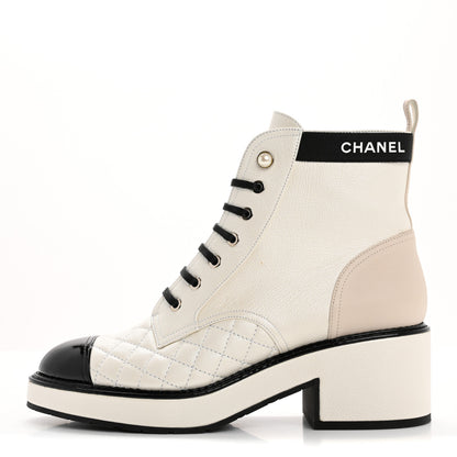 Chanel Pearly Calfskin Patent Calfskin Quilted Lace Up Boots 41 White Light Gray Black 1 of 14