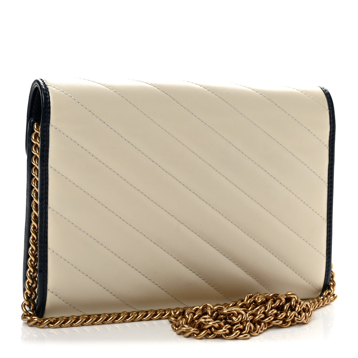 Vintage Effect Calfskin Matelasse Diagonal Torchon GG Marmont Chain Wallet Mystic White Blue Agata