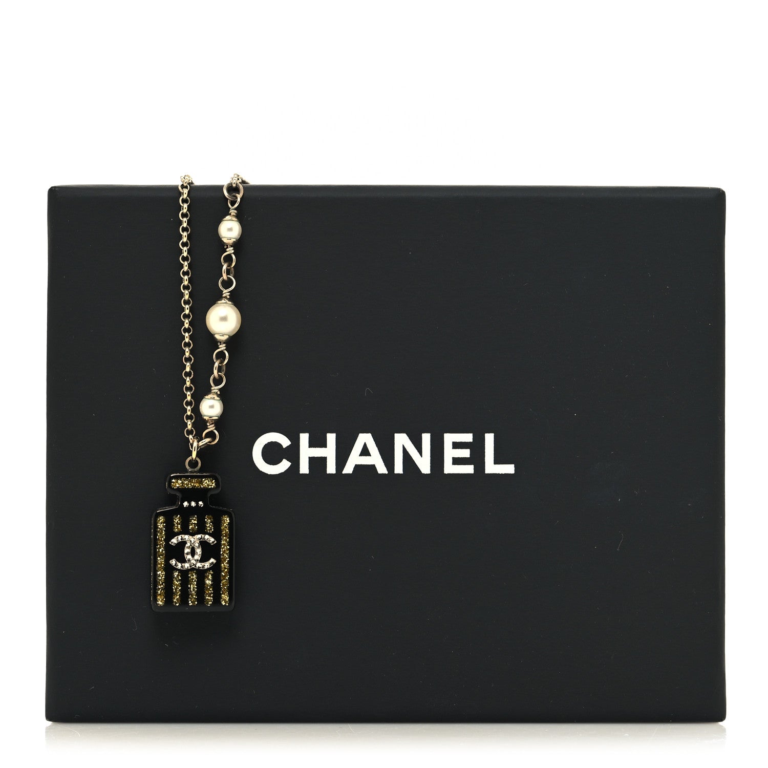 Chanel Pearl Resin Strass Perfume Bottle CC Necklace Black Gold 6 of 6