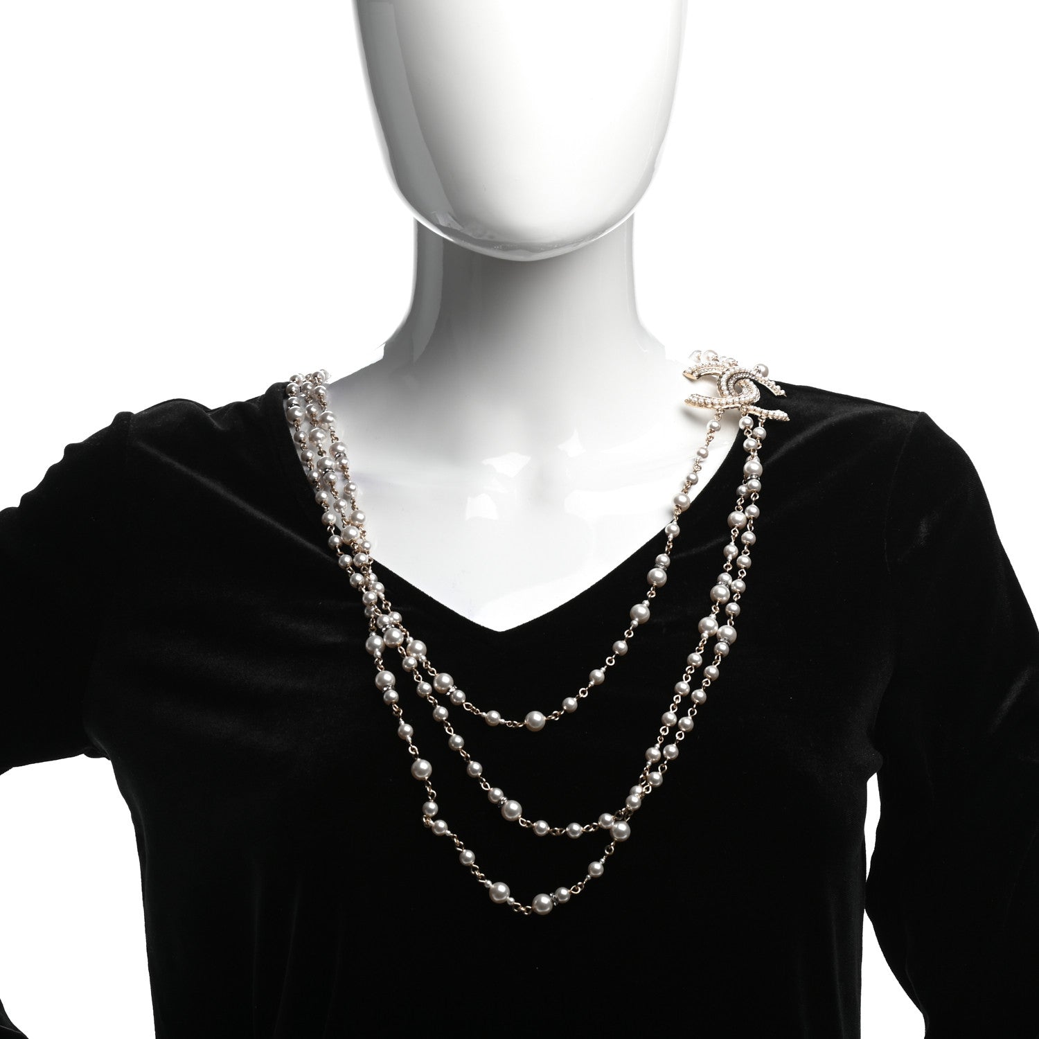 Chanel Graduated Pearl Crystal CC Multi Strand Long Necklace Gold 2 of 5