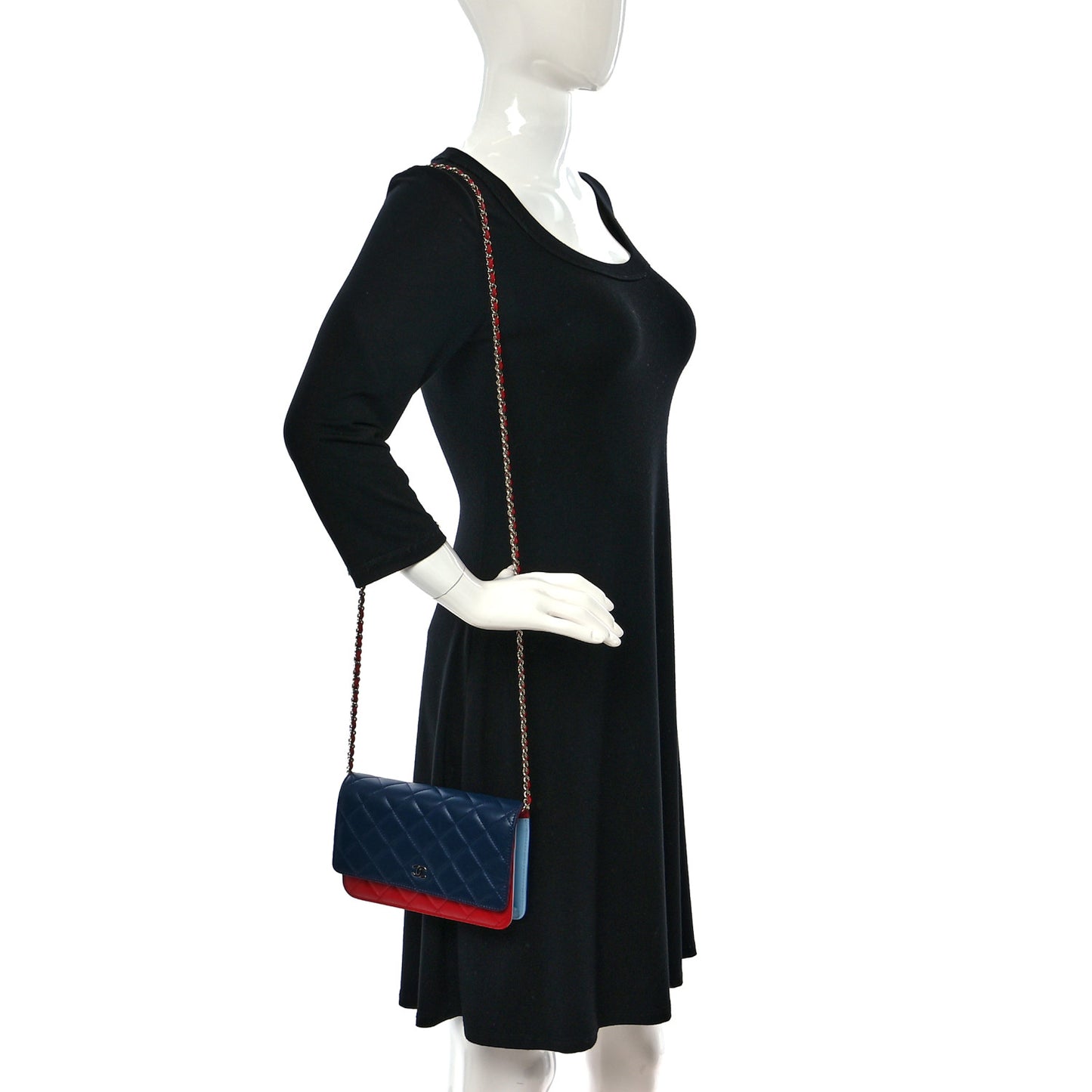 Lambskin Quilted Tri-Color Wallet On Chain WOC Red Blue
