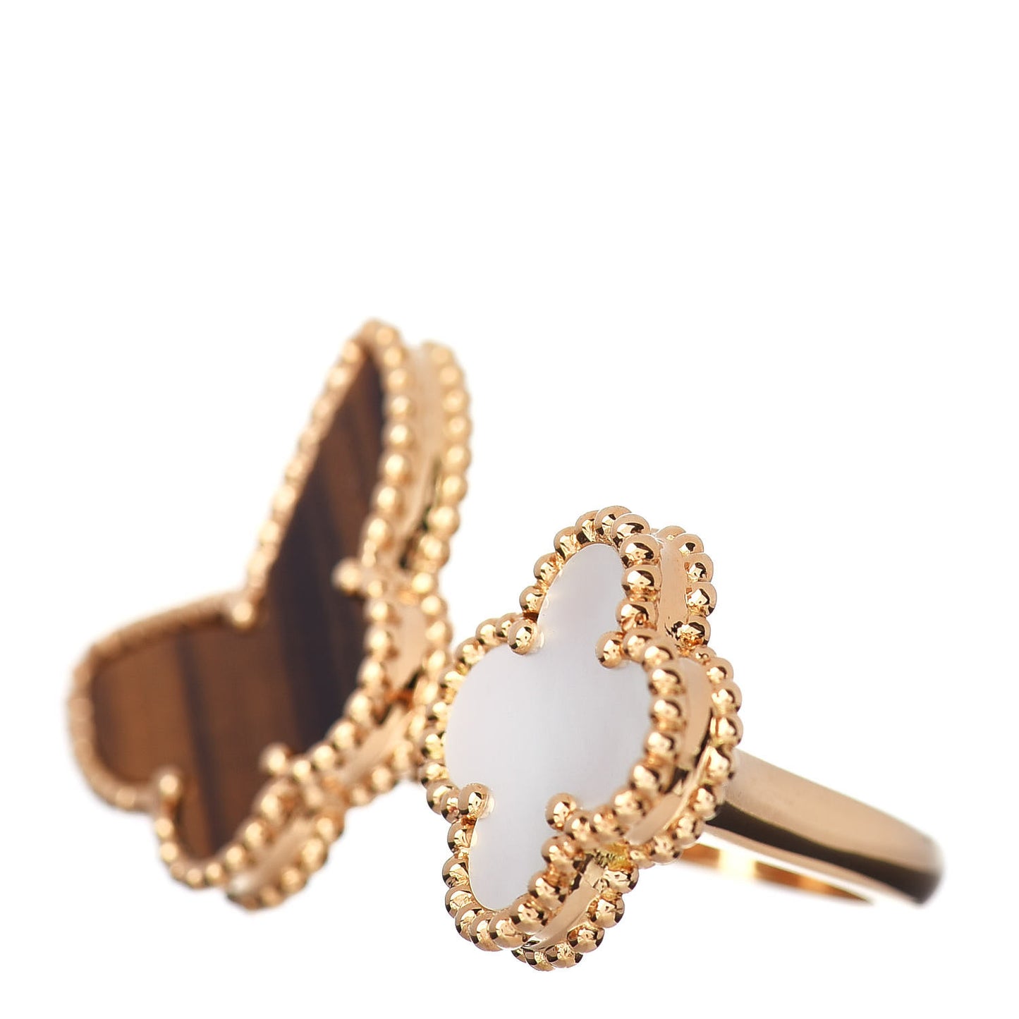 18K Yellow Gold Mother of Pearl Tiger Eye Lucky Alhambra Between the Finger Ring 50 5.25