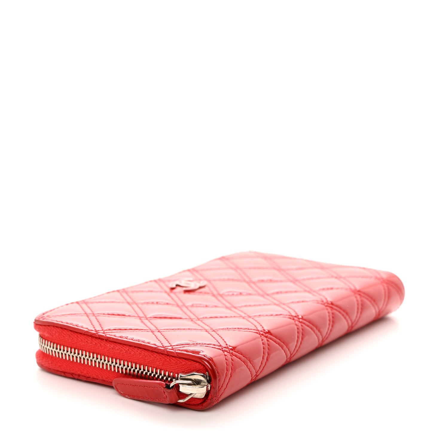 Patent Quilted Double Stitched Zip Around Wallet Red