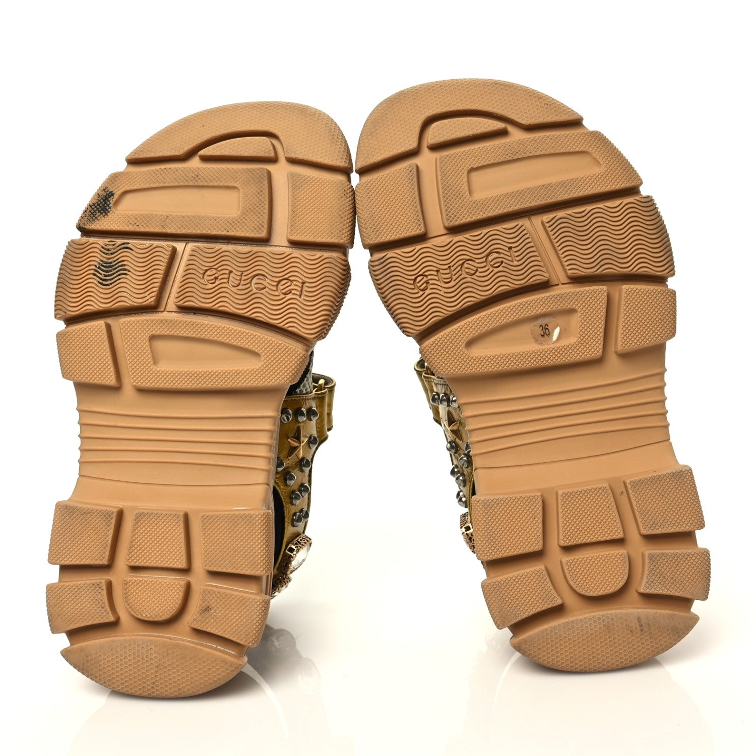 Gucci Silk Calfskin Mesh Crystal Embellished Studded Womens Aguru Sandals 36 Gold 5 of 9