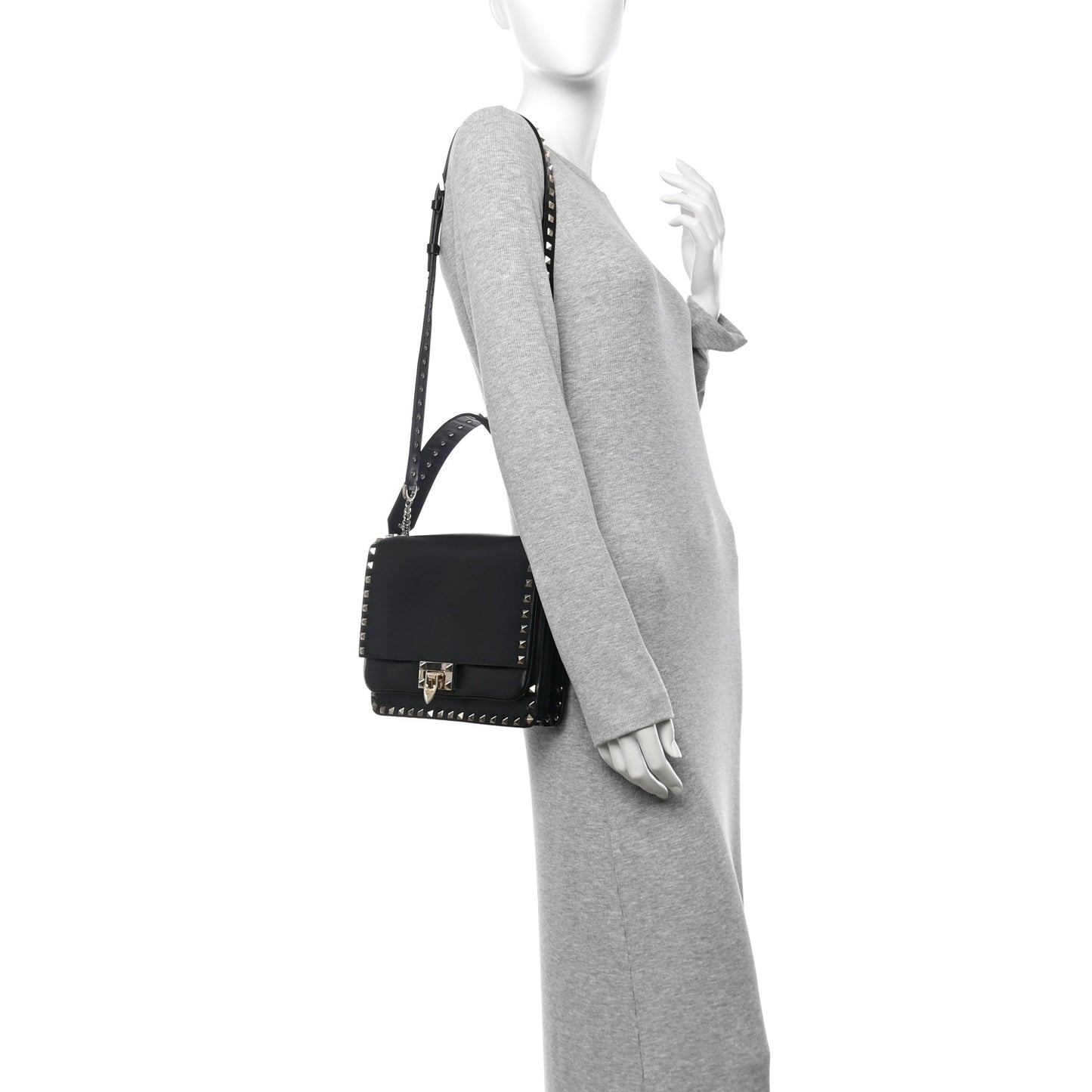 Vitello Rockstud Top Handle Shoulder Bag Black