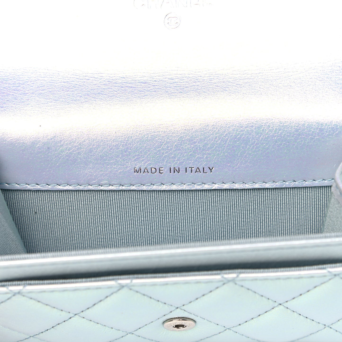 Iridescent Calfskin Quilted Flap Card Holder Light Blue