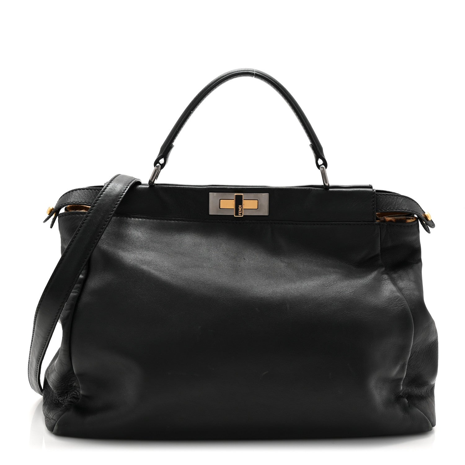 Fendi Calfskin Calf Hair Leopard Print Large Peekaboo Iconic Satchel Black 1 of 13