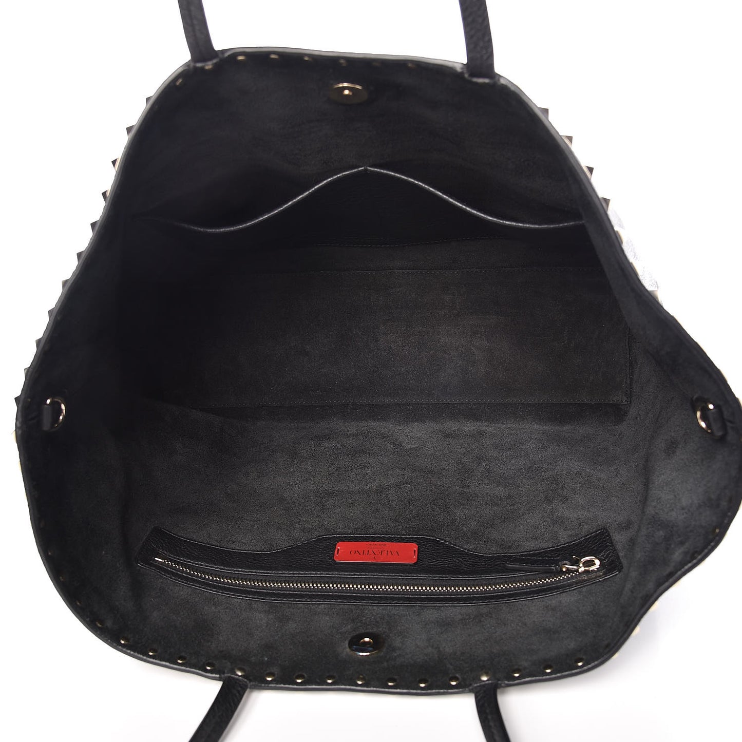 Grained Calfskin Rockstud Shoulder Tote Black