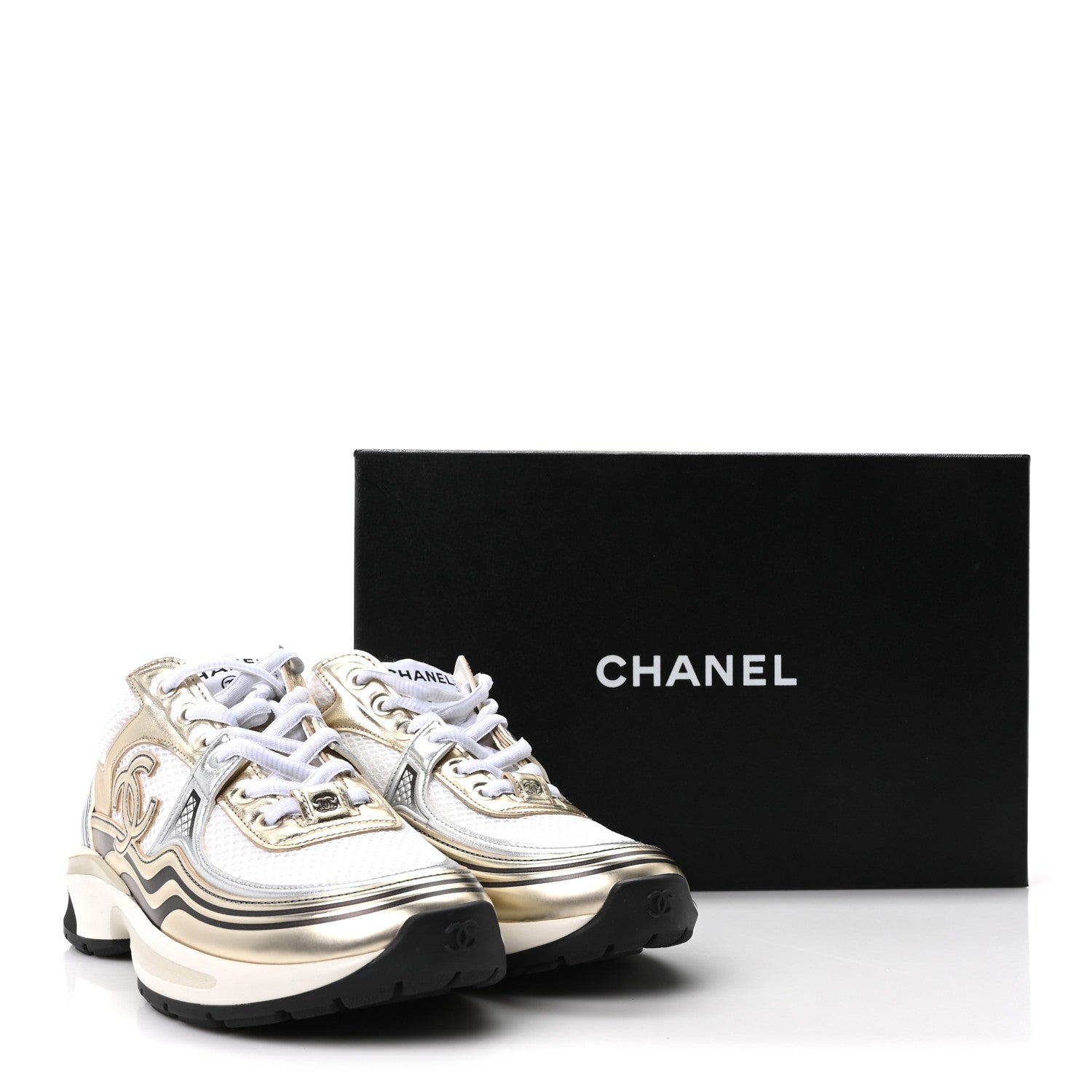 Chanel Fabric Laminated Calfskin Stretch CC Sneakers 36.5 White Gold Silver 10 of 10