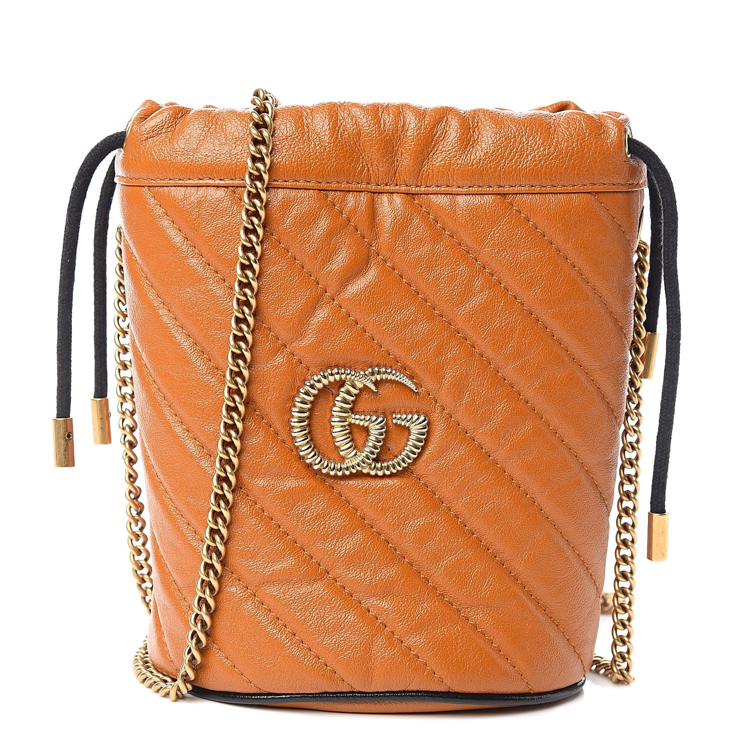 Gucci Vintage Effect Calfskin Matelasse Diagonal Mini Torchon GG Marmont 2.0 Bucket Bag Cognac 1 of 11