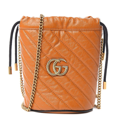 Gucci Vintage Effect Calfskin Matelasse Diagonal Mini Torchon GG Marmont 2.0 Bucket Bag Cognac 1 of 11