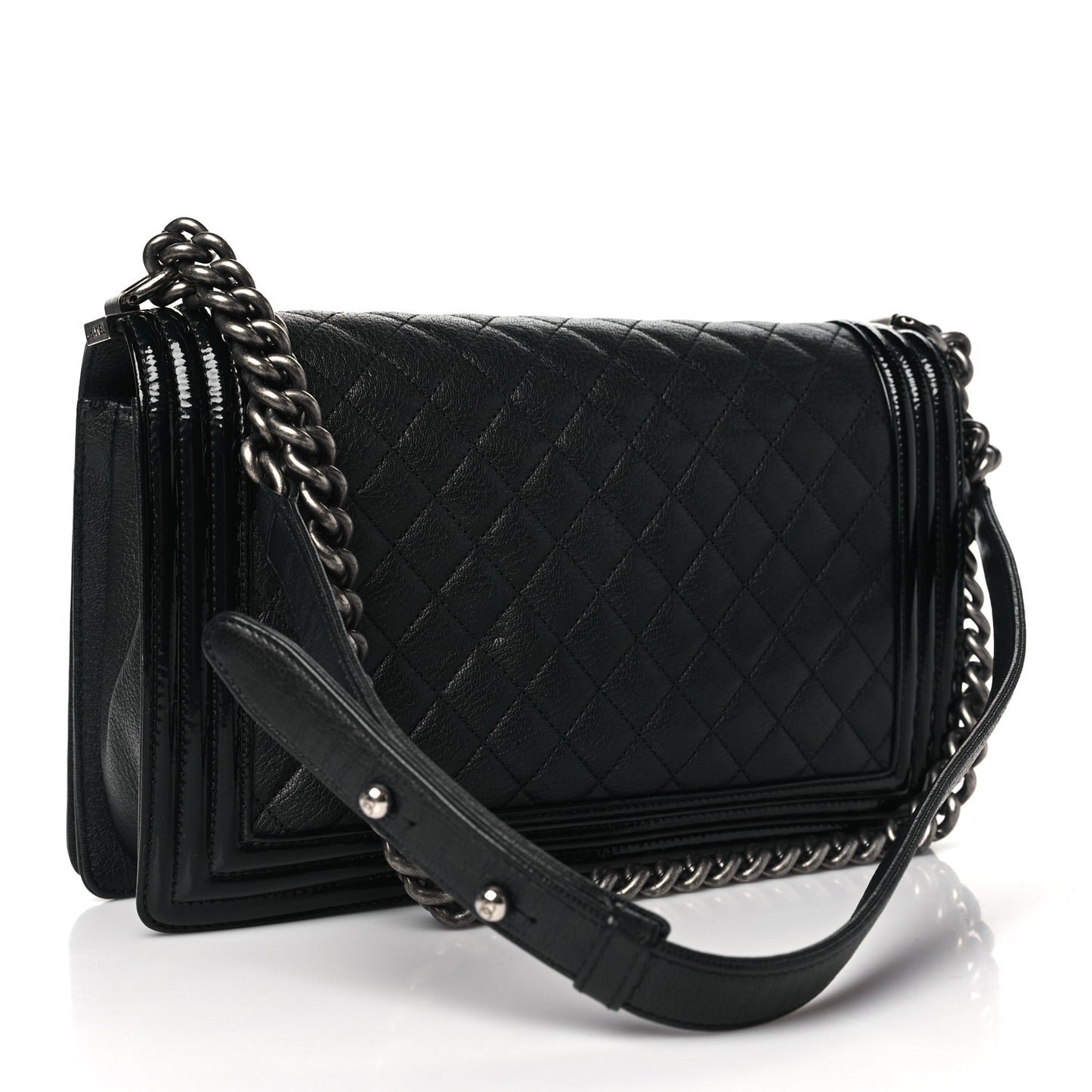 Goatskin Quilted Patent New Medium Duo Boy Flap Black