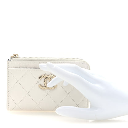 Chanel Caviar Quilted CC Logo Zip Around Card Holder White 2 of 8