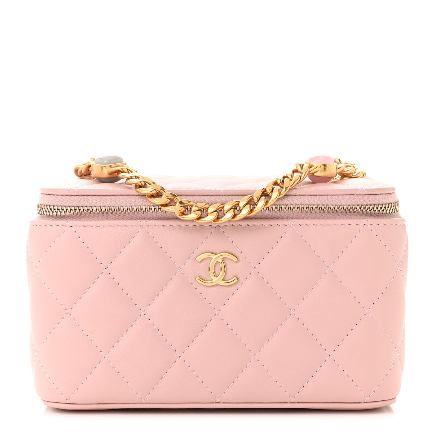 Lambskin Resin Quilted Vanity Case With Chain Pink