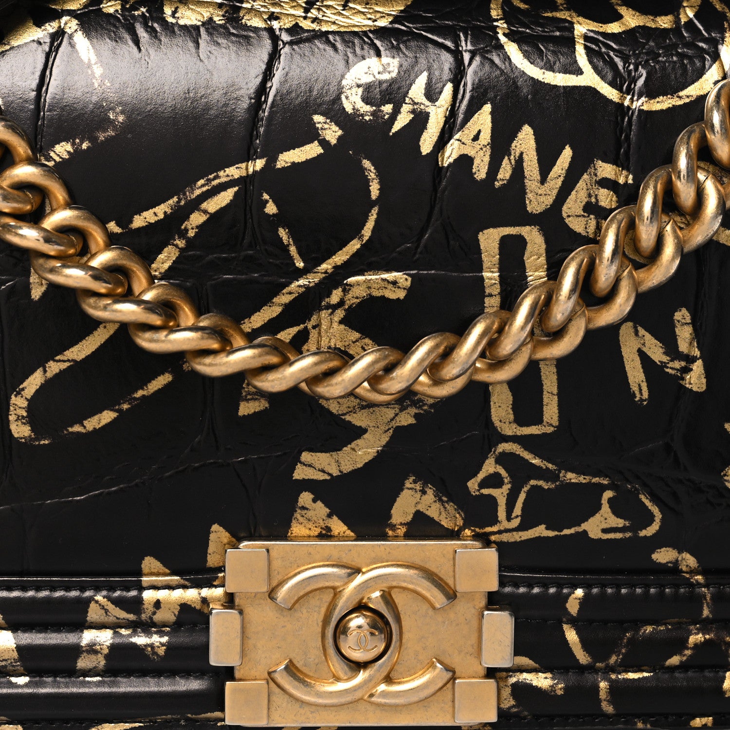 Chanel Calfskin Crocodile Embossed Graffiti Cocodile Medium Boy Flap Black 8 of 10