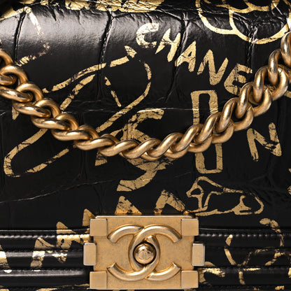 Chanel Calfskin Crocodile Embossed Graffiti Cocodile Medium Boy Flap Black 8 of 10