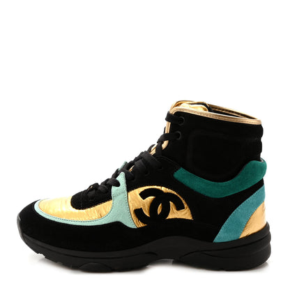 Chanel Suede Calfskin Fabric CC High Top Sneakers 38.5 Black Turquoise Gold 1 of 7
