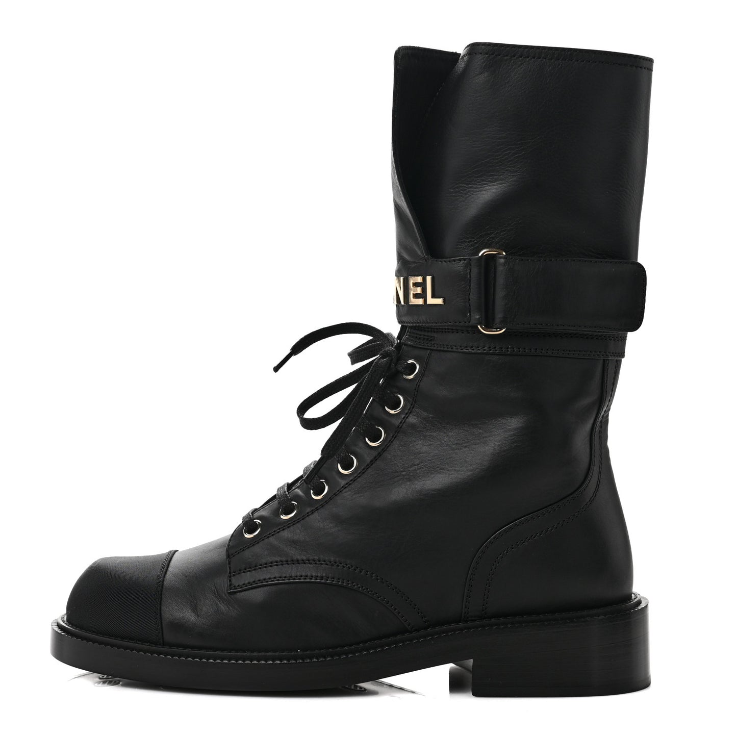 Shiny Calfskin Lace Up Combat Boots 39 Black