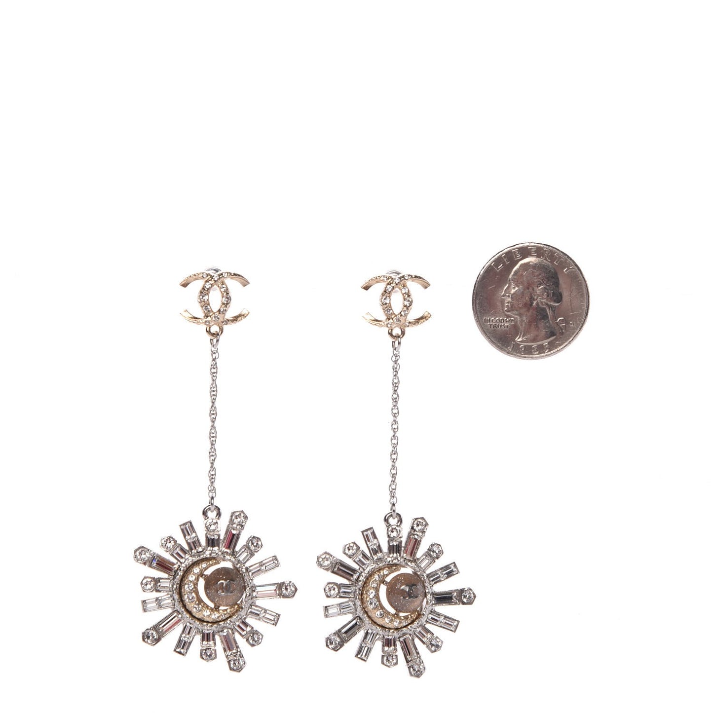 Baguette Crystal Moon CC Dangle Earrings Gold Silver