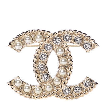 Chanel Pearl Crystal CC Brooch Gold Pearly White 1 of 5